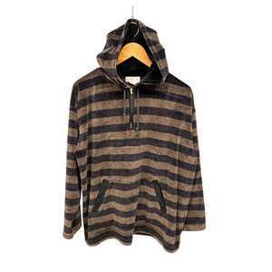 Jones New York Sport Hoodie Women's P/L Brown‎ Black Striped Velour Pullover Top